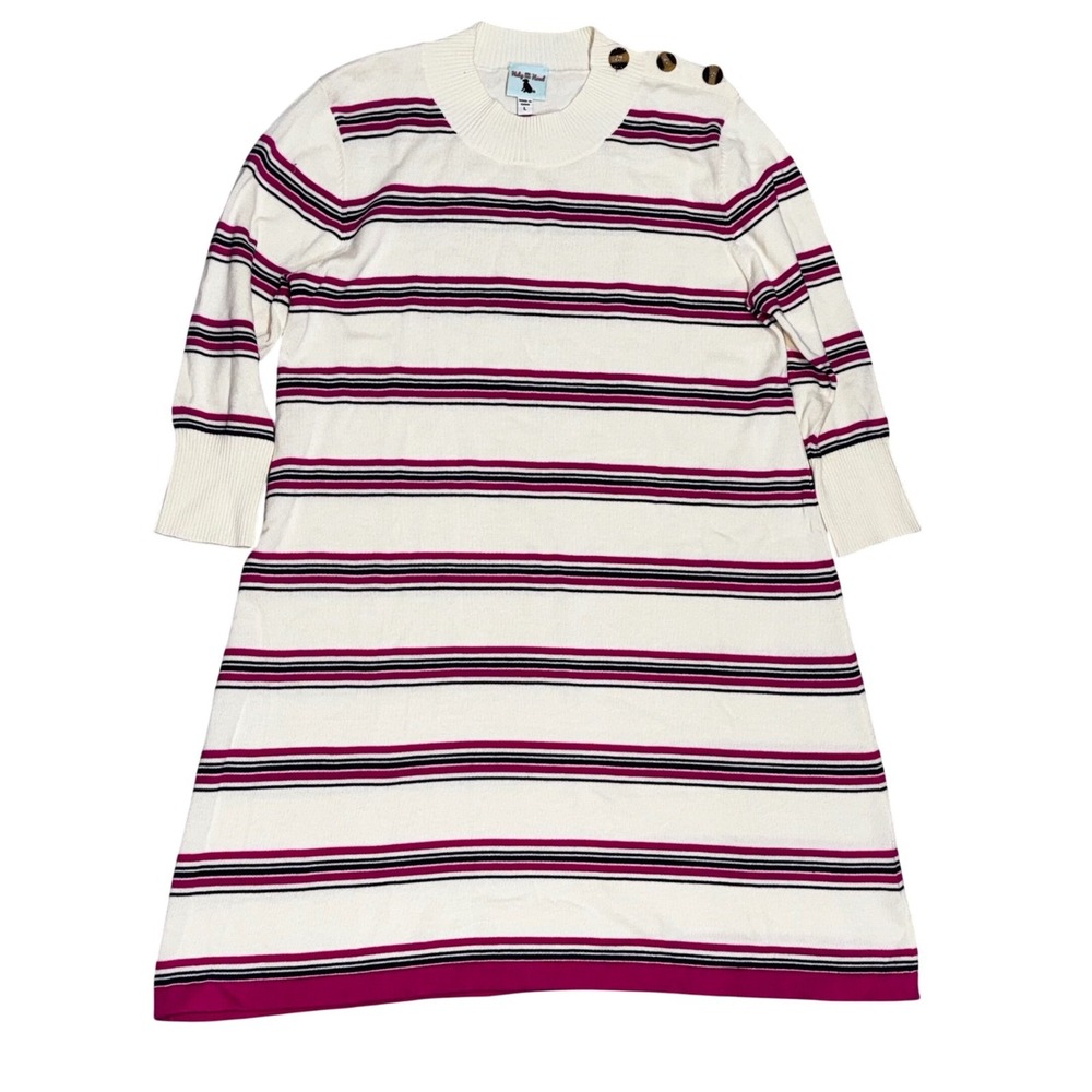 Haley and the Hound Striped Sweater Dress Button Shoulder Cream‎ Pink Navy L EUC